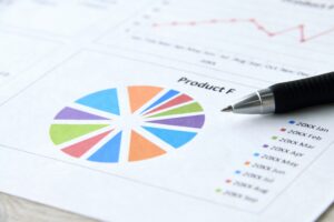 A pen rests on top of a colourful pie chart, perhaps indicating sales growth or a marketing and PR strategy.