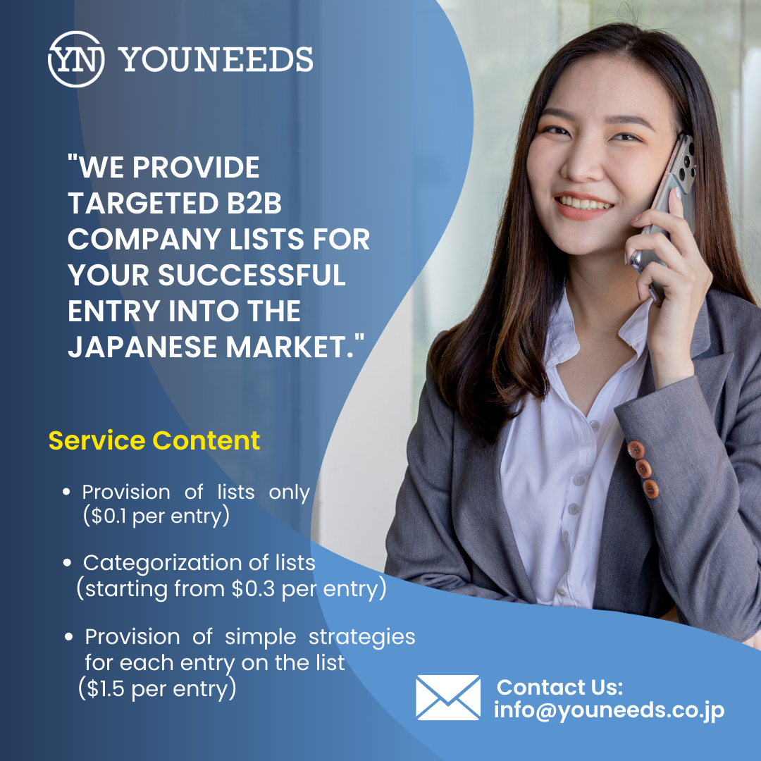 A confident businesswomen makes a call on her mobile phone. The text describes how YOUNEEDS provides B2B target lists.